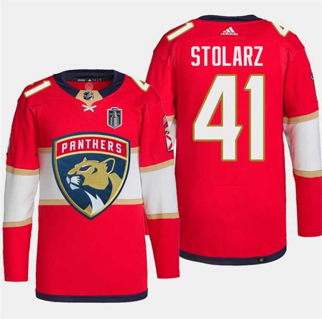 Men%27s Florida Panthers #41 Anthony Stolarz Red 2024 Stanley Cup Final Patch Stitched Jersey Dzhi